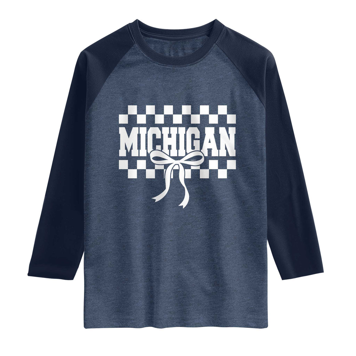 Michigan Fan Raglan Shirt MI State Sport Coquette Bow Checkered Design Game Day TS11 Heather Denim Navy Print Your Wear