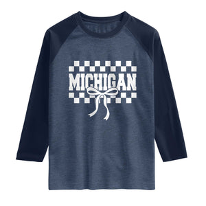 Michigan Fan Raglan Shirt MI State Sport Coquette Bow Checkered Design Game Day TS11 Heather Denim Navy Print Your Wear