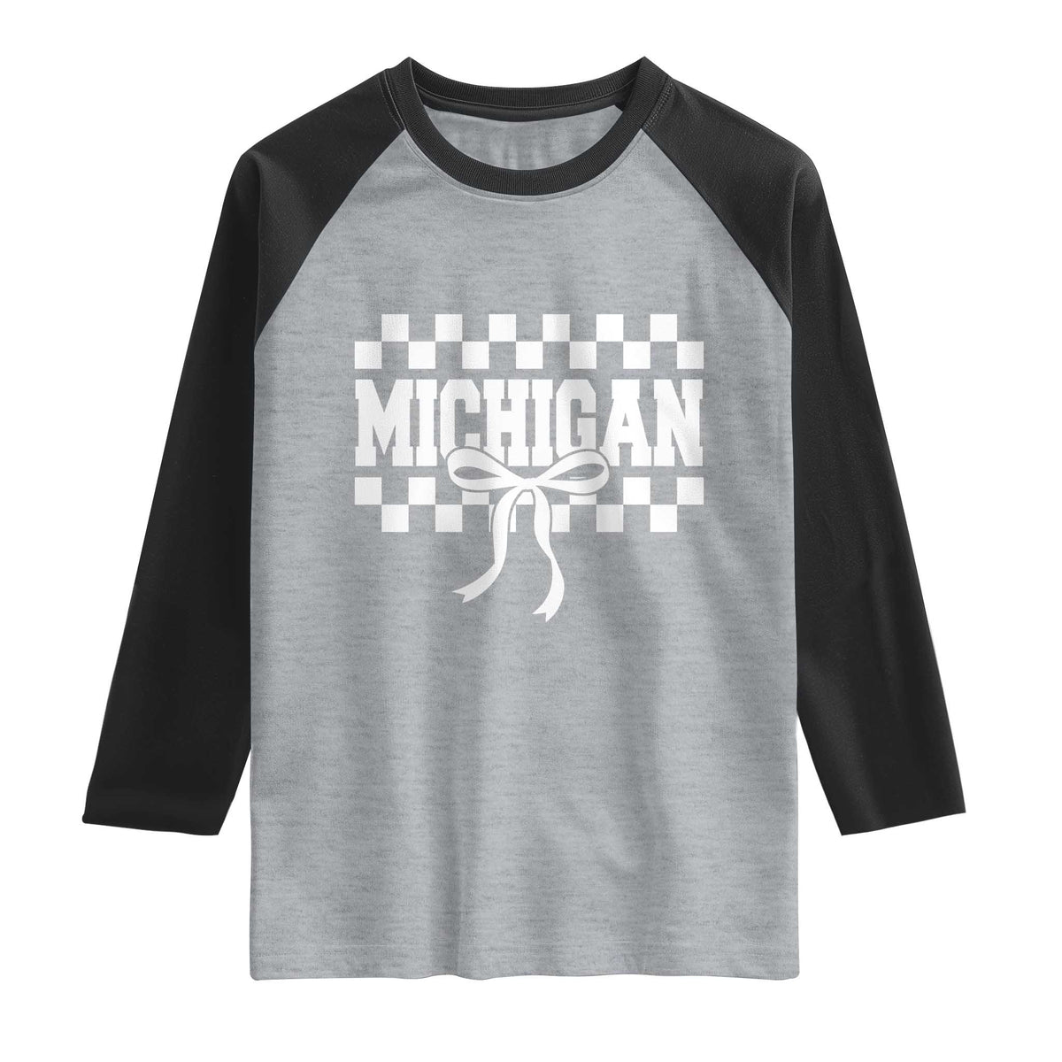 Michigan Fan Raglan Shirt MI State Sport Coquette Bow Checkered Design Game Day TS11 Heather Gray Black Print Your Wear