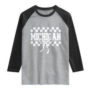 Michigan Fan Raglan Shirt MI State Sport Coquette Bow Checkered Design Game Day TS11 Heather Gray Black Print Your Wear
