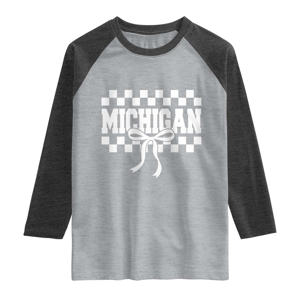 Michigan Fan Raglan Shirt MI State Sport Coquette Bow Checkered Design Game Day TS11 Heather Gray Heather Charcoal Print Your Wear