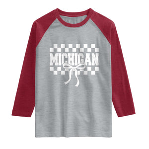 Michigan Fan Raglan Shirt MI State Sport Coquette Bow Checkered Design Game Day TS11 Heather Gray Heather Red Print Your Wear