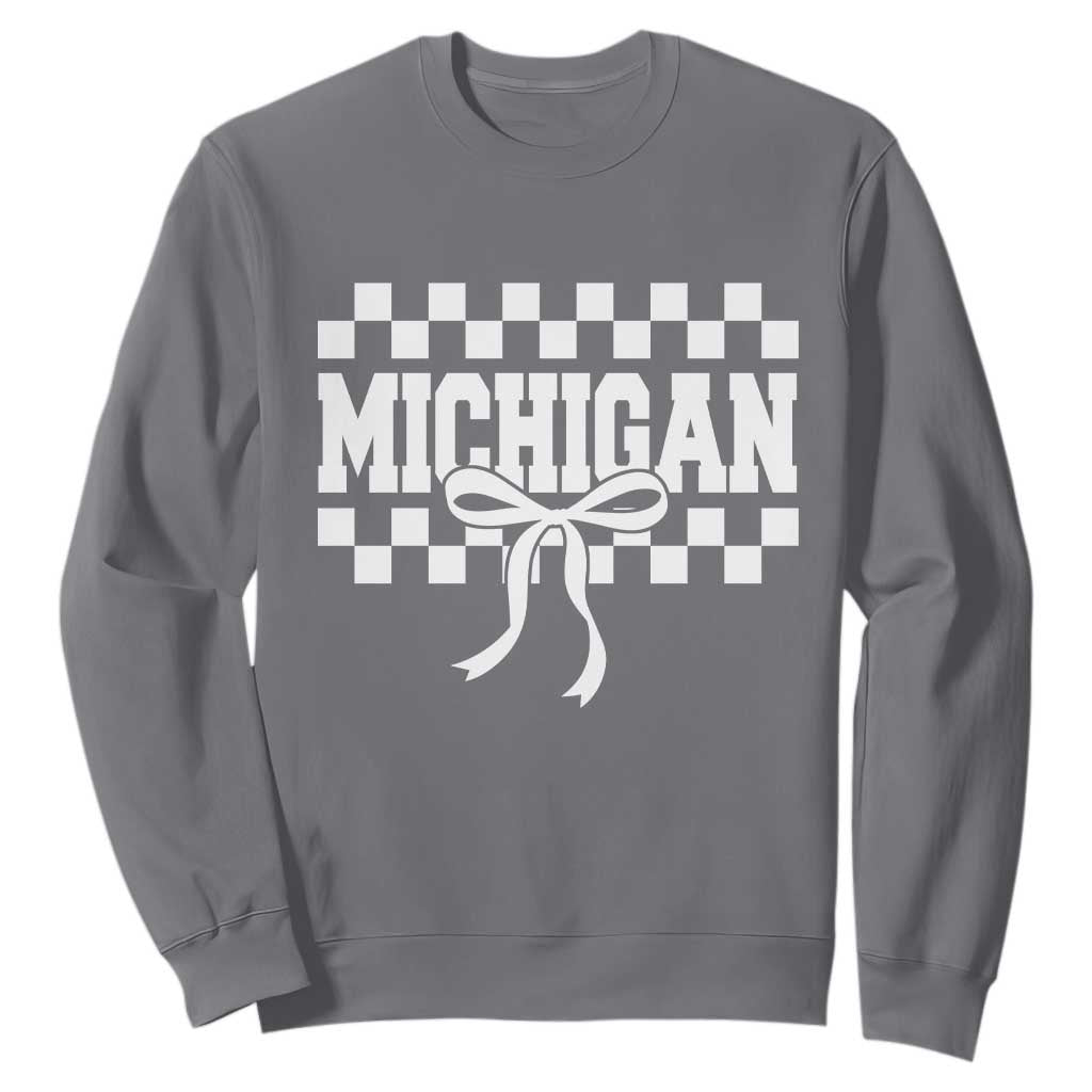Michigan Fan Sweatshirt MI State Sport Coquette Bow Checkered Design Game Day TS11 Charcoal Print Your Wear