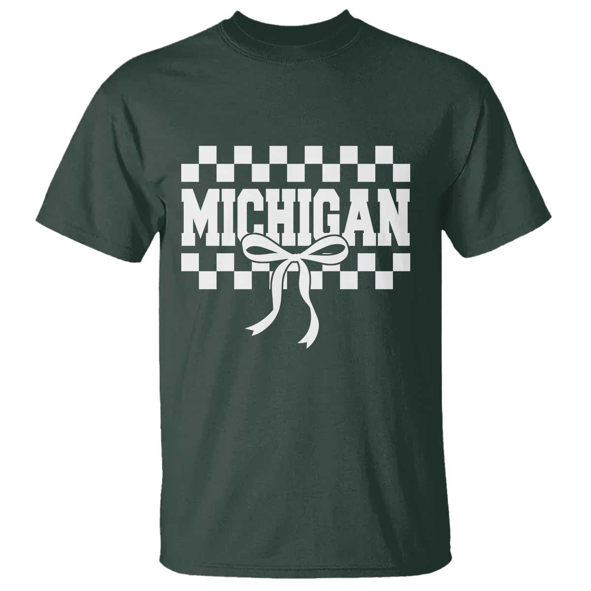 Michigan Fan T Shirt MI State Sport Coquette Bow Checkered Design Game Day TS11 Dark Forest Green Print Your Wear