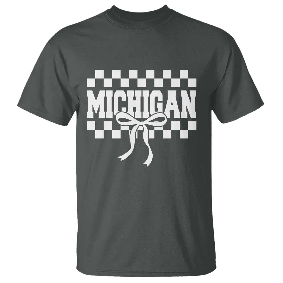Michigan Fan T Shirt MI State Sport Coquette Bow Checkered Design Game Day TS11 Dark Heather Print Your Wear