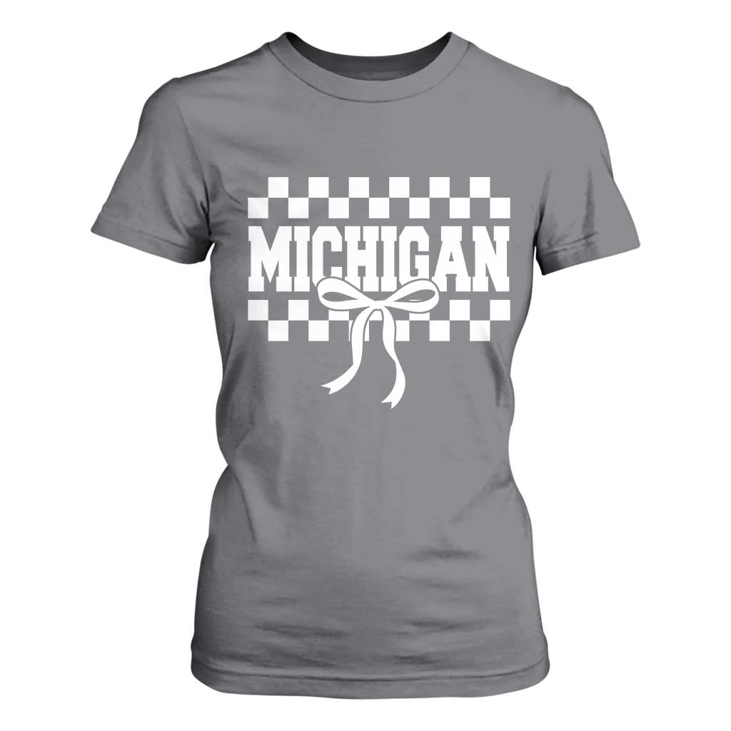 Michigan Fan T Shirt For Women MI State Sport Coquette Bow Checkered Design Game Day TS11 Charcoal Print Your Wear