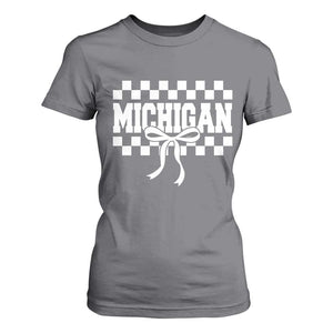 Michigan Fan T Shirt For Women MI State Sport Coquette Bow Checkered Design Game Day TS11 Charcoal Print Your Wear