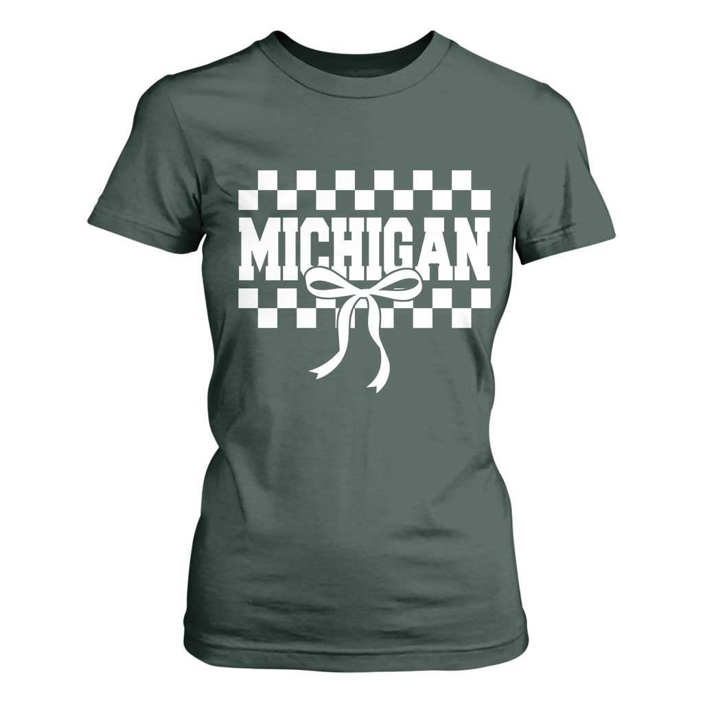Michigan Fan T Shirt For Women MI State Sport Coquette Bow Checkered Design Game Day TS11 Dark Forest Green Print Your Wear