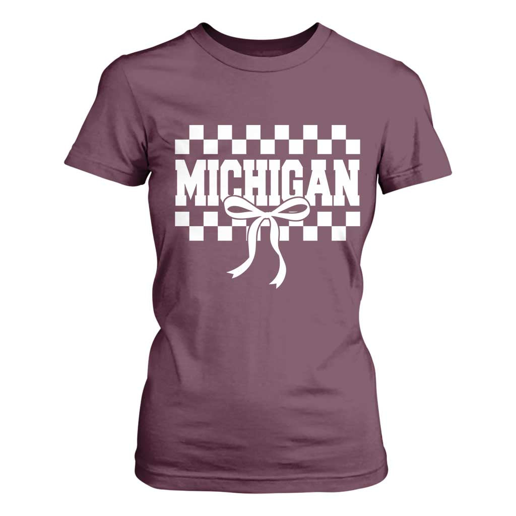Michigan Fan T Shirt For Women MI State Sport Coquette Bow Checkered Design Game Day TS11 Maroon Print Your Wear