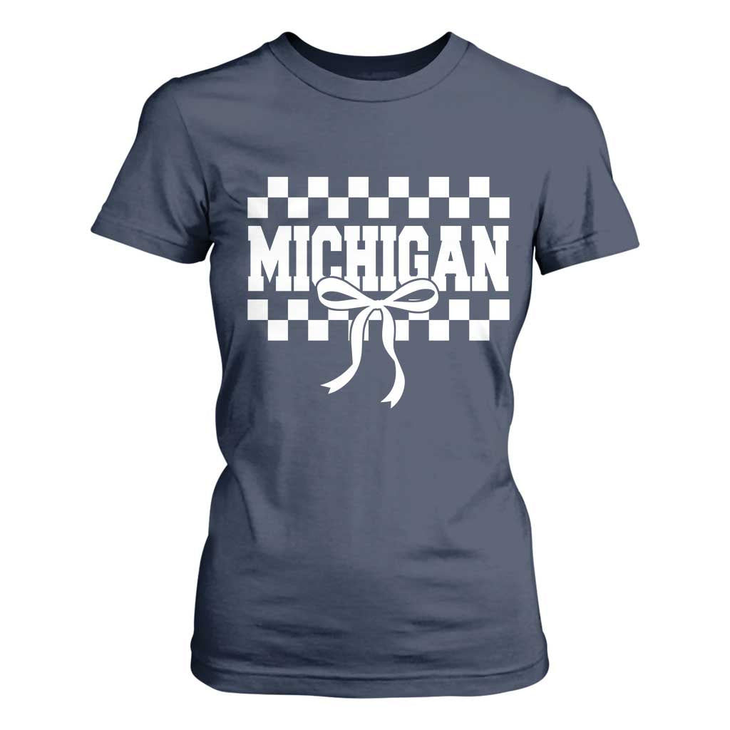 Michigan Fan T Shirt For Women MI State Sport Coquette Bow Checkered Design Game Day TS11 Navy Print Your Wear