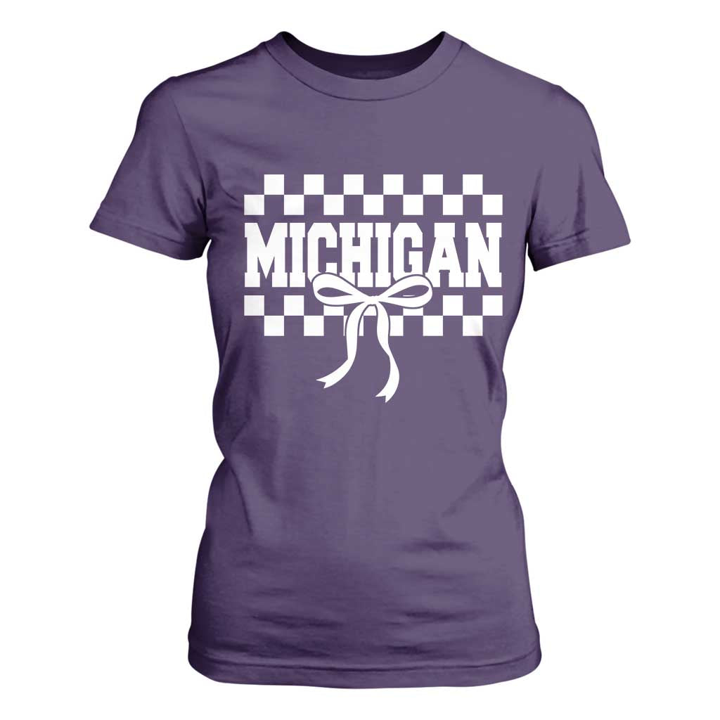 Michigan Fan T Shirt For Women MI State Sport Coquette Bow Checkered Design Game Day TS11 Purple Print Your Wear