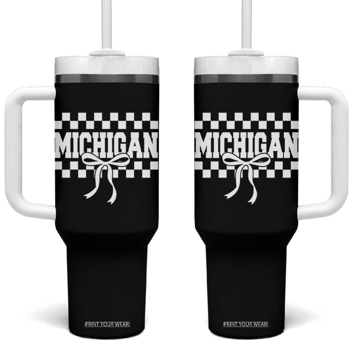 Michigan Fan Tumbler With Handle MI State Sport Coquette Bow Checkered Design Game Day TS11 One Size: 40 oz Black Print Your Wear
