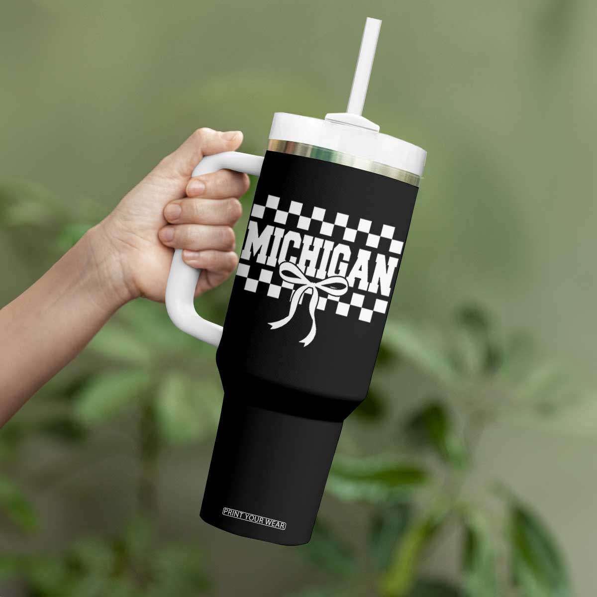 Michigan Fan Tumbler With Handle MI State Sport Coquette Bow Checkered Design Game Day TS11 Print Your Wear