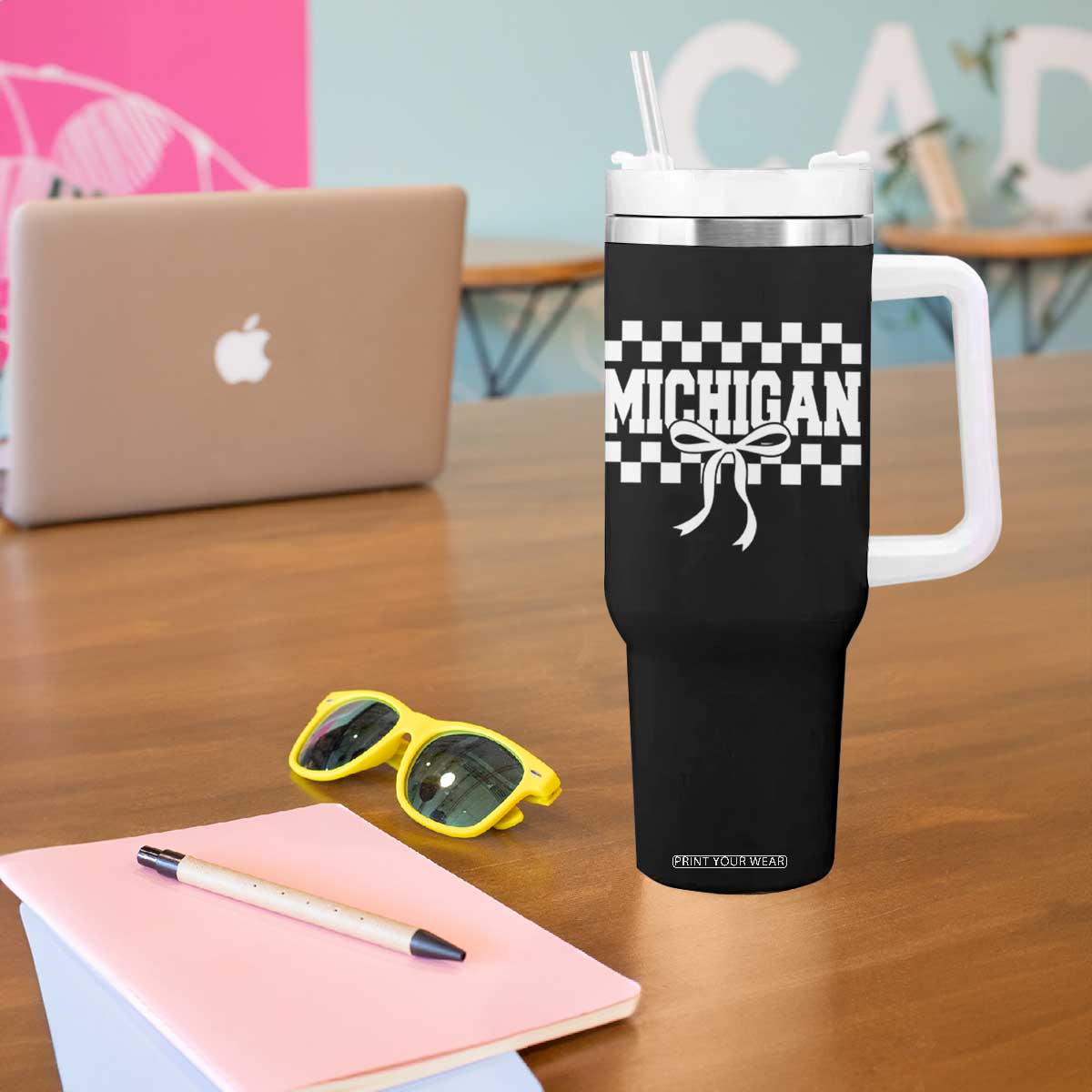 Michigan Fan Tumbler With Handle MI State Sport Coquette Bow Checkered Design Game Day TS11 Print Your Wear