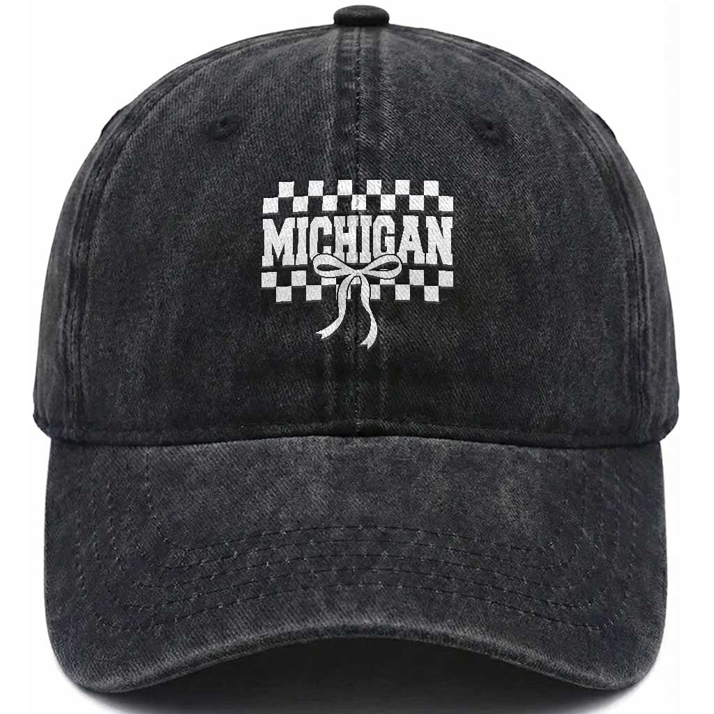 Michigan Fan Washed Cotton Baseball Cap MI State Sport Coquette Bow Checkered Design Game Day TS11 Print Your Wear
