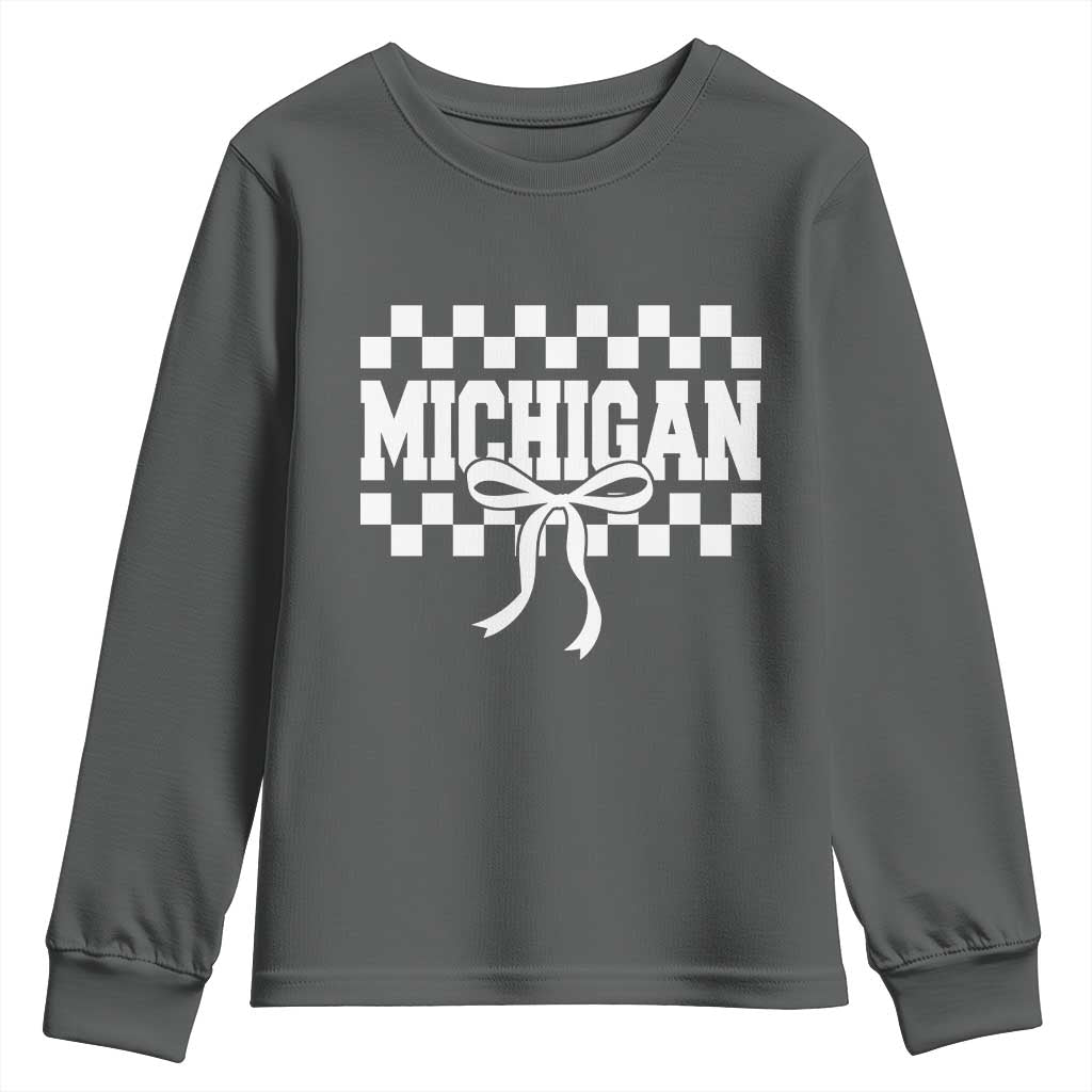 Michigan Fan Youth Sweatshirt MI State Sport Coquette Bow Checkered Design Game Day TS11 Dark Heather Print Your Wear