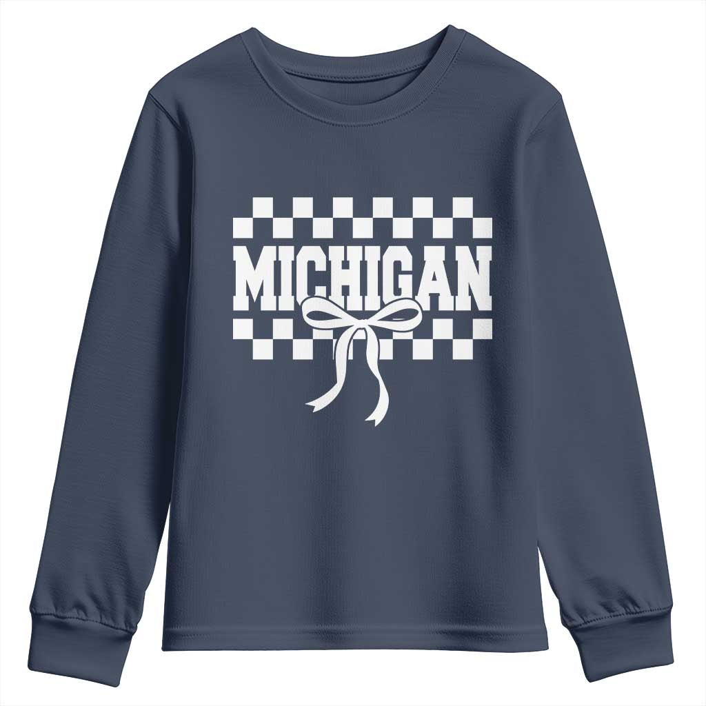 Michigan Fan Youth Sweatshirt MI State Sport Coquette Bow Checkered Design Game Day TS11 Navy Print Your Wear