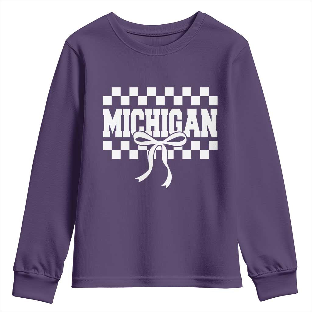 Michigan Fan Youth Sweatshirt MI State Sport Coquette Bow Checkered Design Game Day TS11 Purple Print Your Wear