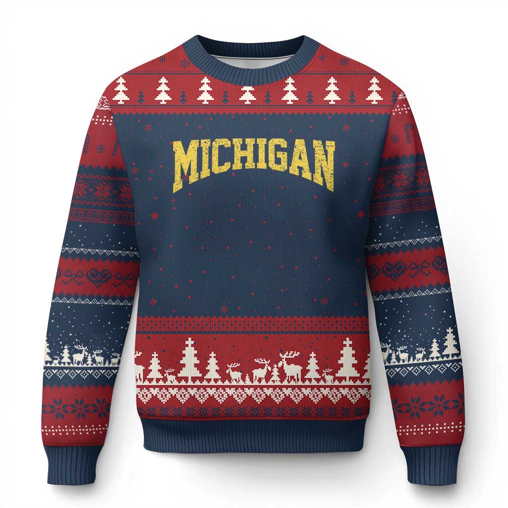 Michigan Fan Ugly Christmas Sweater Yellow Bold Sport State Letters Game Day TS11 Navy Red Print Your Wear