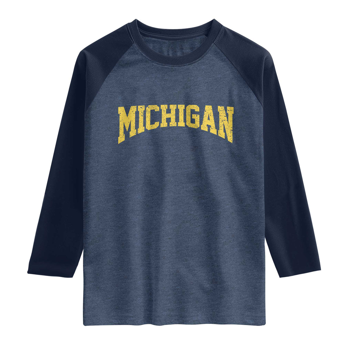 Michigan Fan Raglan Shirt Yellow Bold Sport State Letters Game Day TS11 Heather Denim Navy Print Your Wear