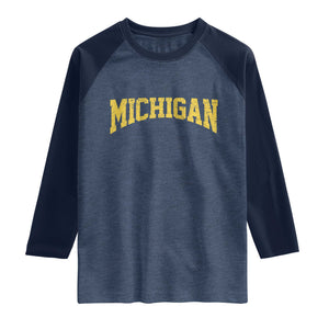 Michigan Fan Raglan Shirt Yellow Bold Sport State Letters Game Day TS11 Heather Denim Navy Print Your Wear