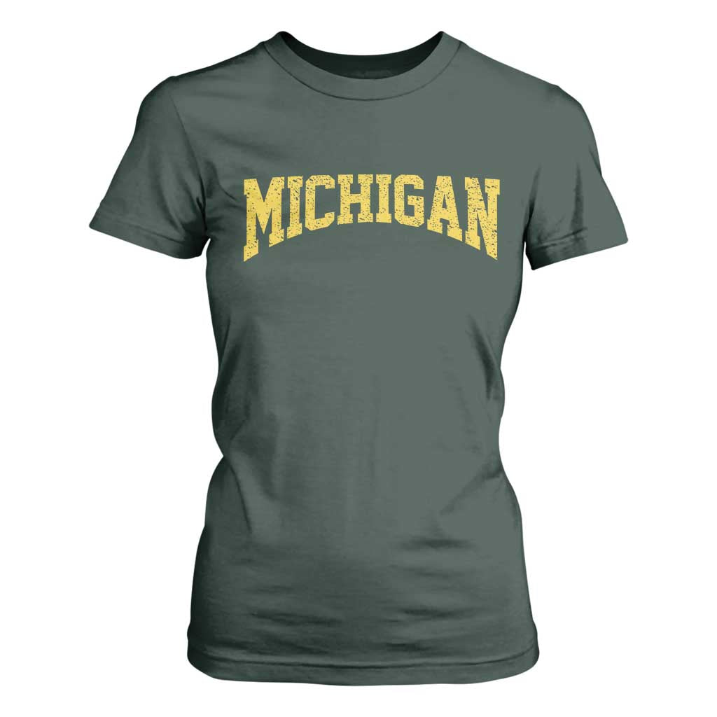 Michigan Fan T Shirt For Women Yellow Bold Sport State Letters Game Day TS11 Dark Forest Green Print Your Wear