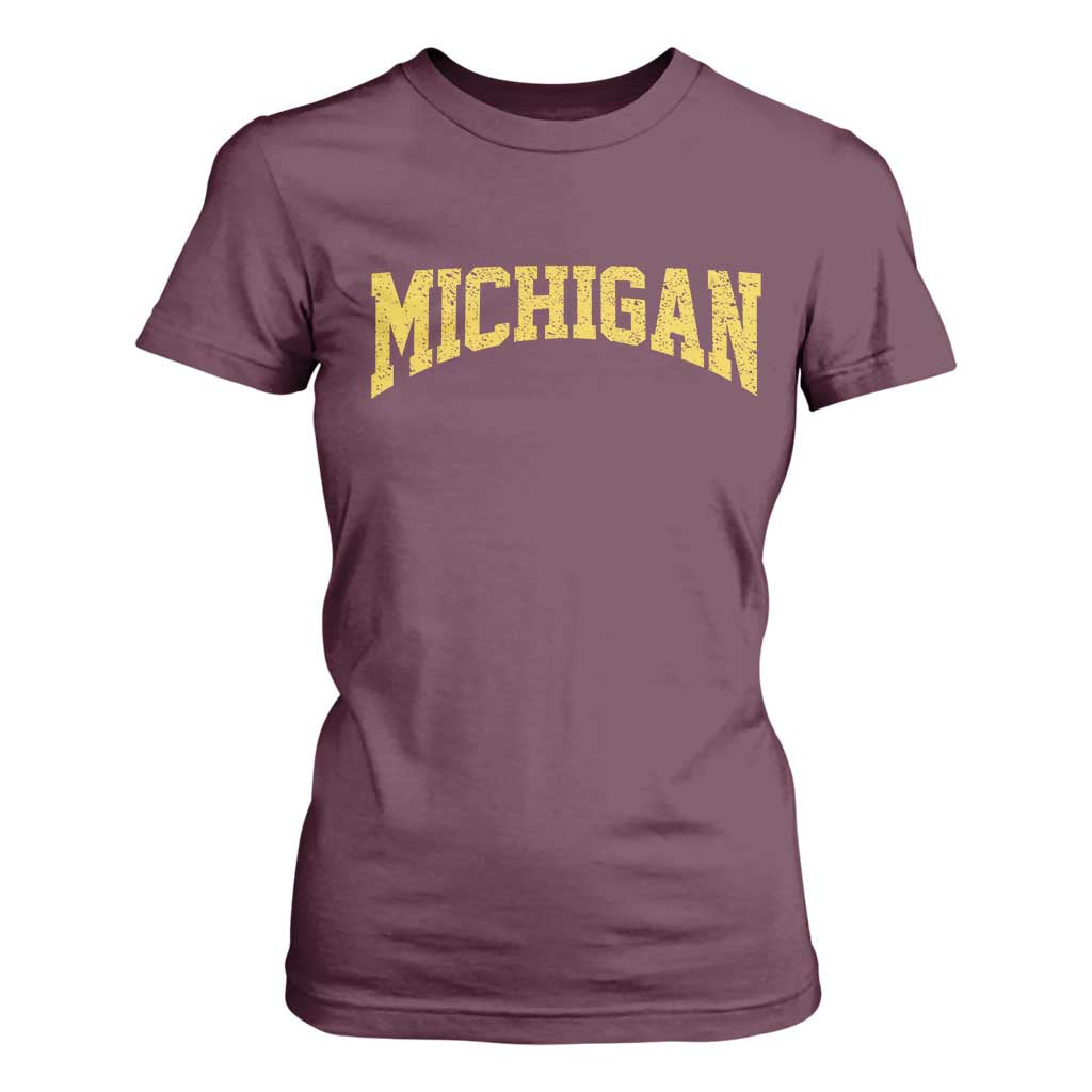 Michigan Fan T Shirt For Women Yellow Bold Sport State Letters Game Day TS11 Maroon Print Your Wear