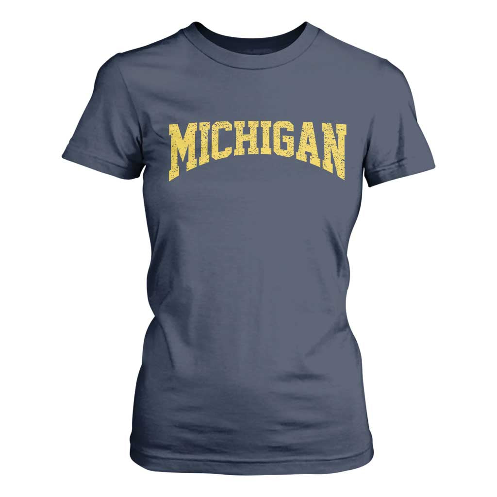 Michigan Fan T Shirt For Women Yellow Bold Sport State Letters Game Day TS11 Navy Print Your Wear