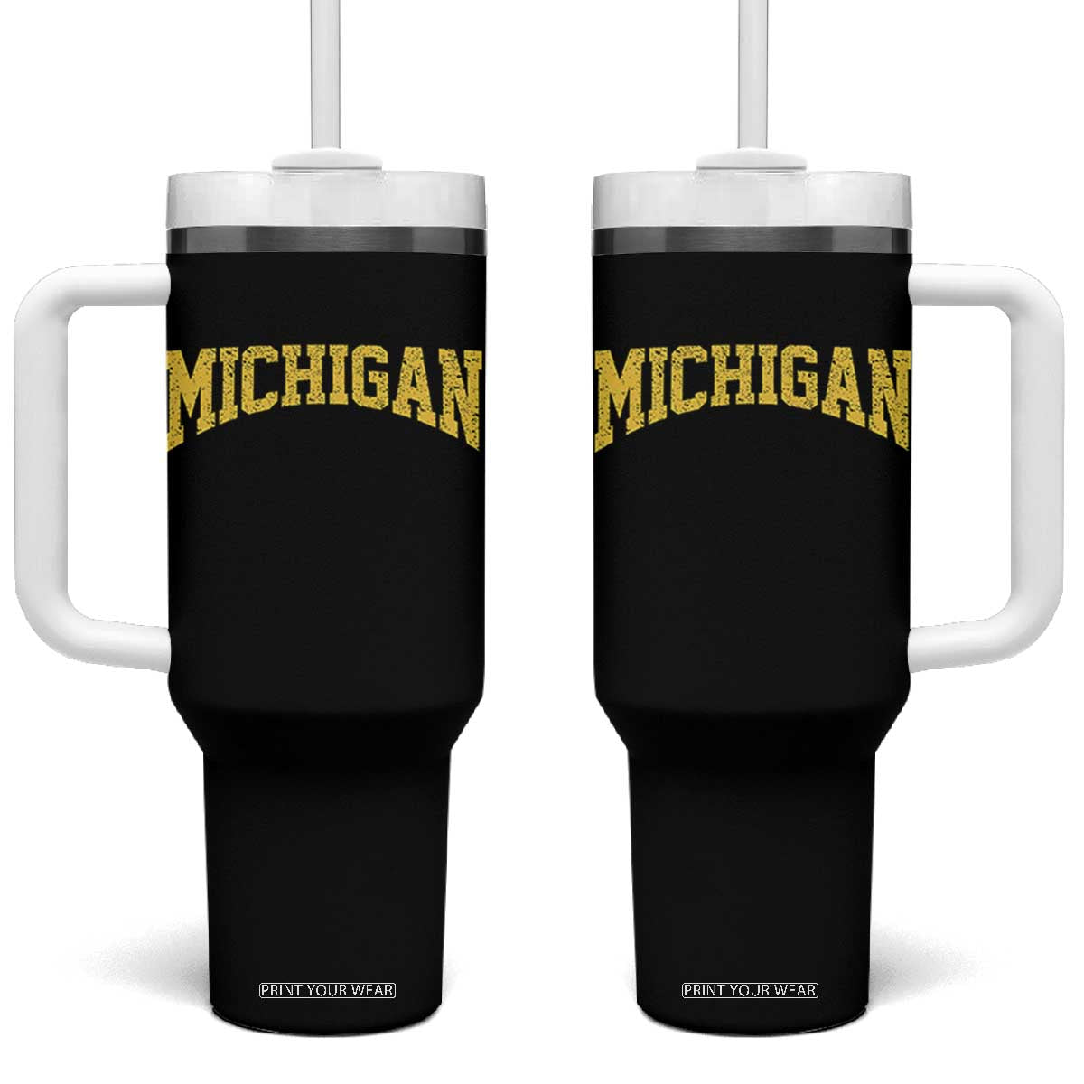 Michigan Fan Tumbler With Handle Yellow Bold Sport State Letters Game Day TS11 One Size: 40 oz Black Print Your Wear