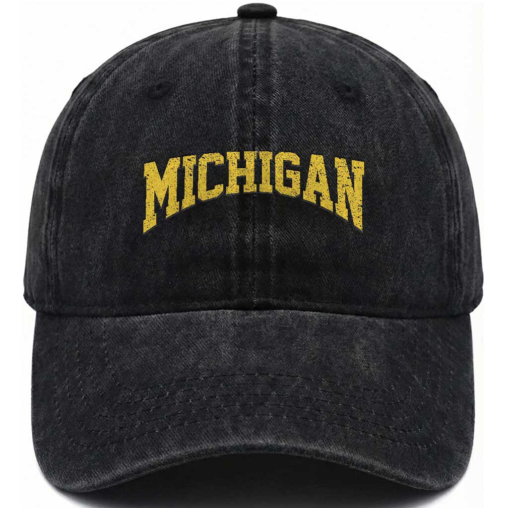 Michigan Fan Washed Cotton Baseball Cap Yellow Bold Sport State Letters Game Day TS11 Print Your Wear