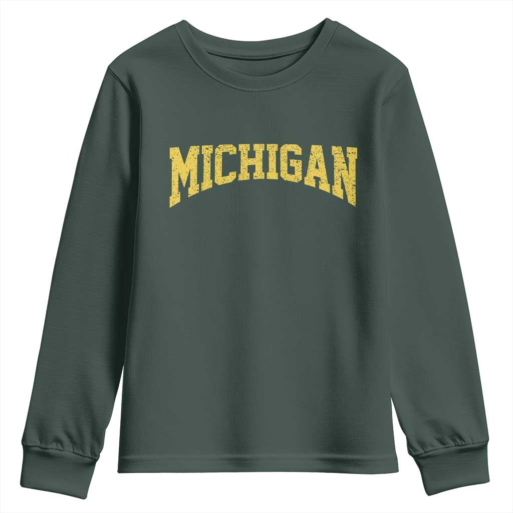 Michigan Fan Youth Sweatshirt Yellow Bold Sport State Letters Game Day TS11 Dark Forest Green Print Your Wear