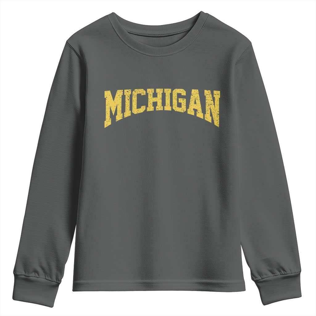 Michigan Fan Youth Sweatshirt Yellow Bold Sport State Letters Game Day TS11 Dark Heather Print Your Wear