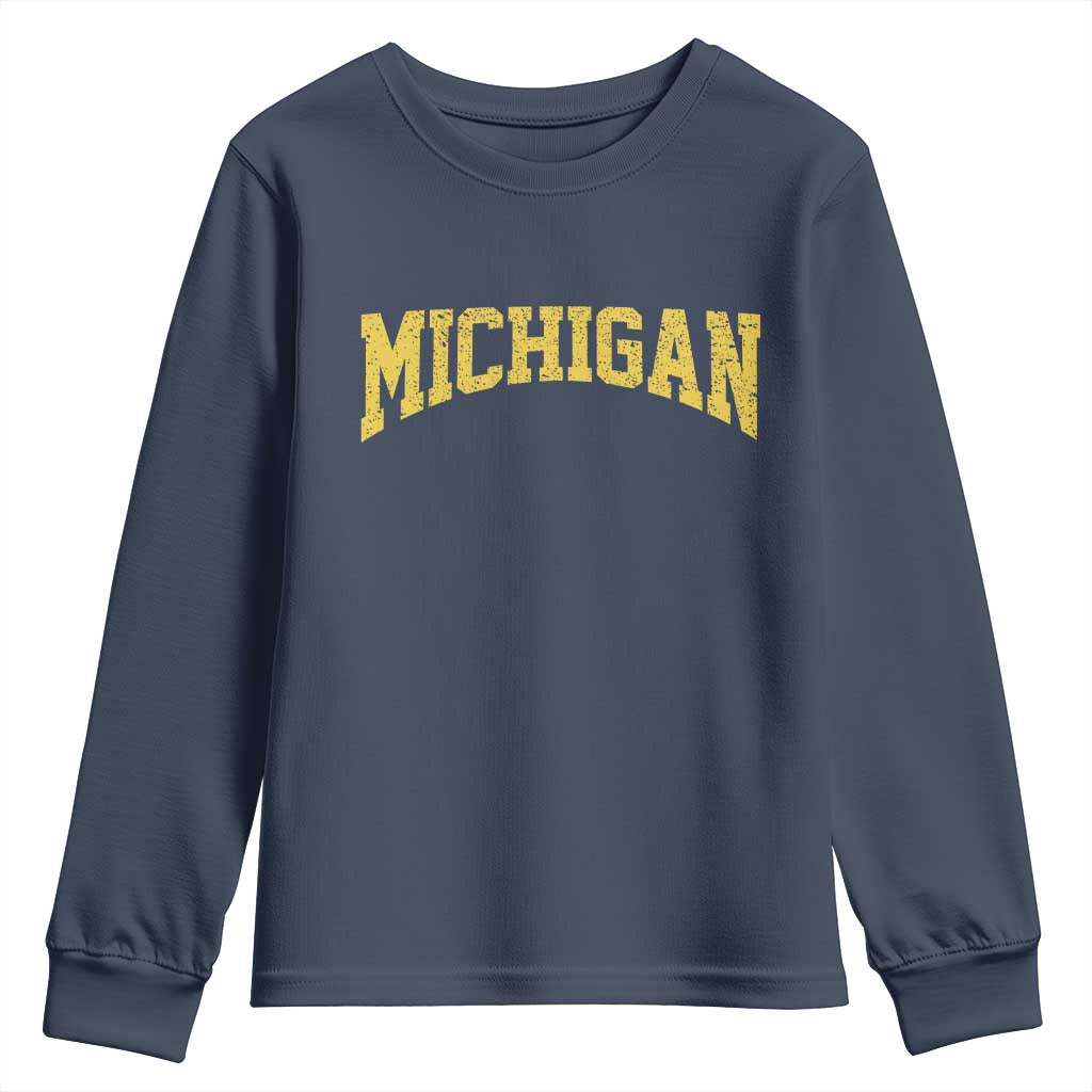 Michigan Fan Youth Sweatshirt Yellow Bold Sport State Letters Game Day TS11 Navy Print Your Wear