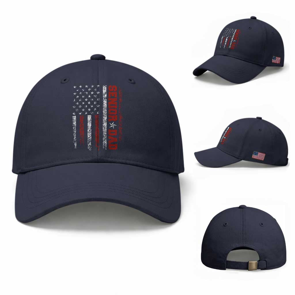 Senior Dad Baseball Cap Graduate Proud Dad Class of 2025 Vintage American Flag TS11 Baseball Cap Universal Fit Navy Print Your Wear