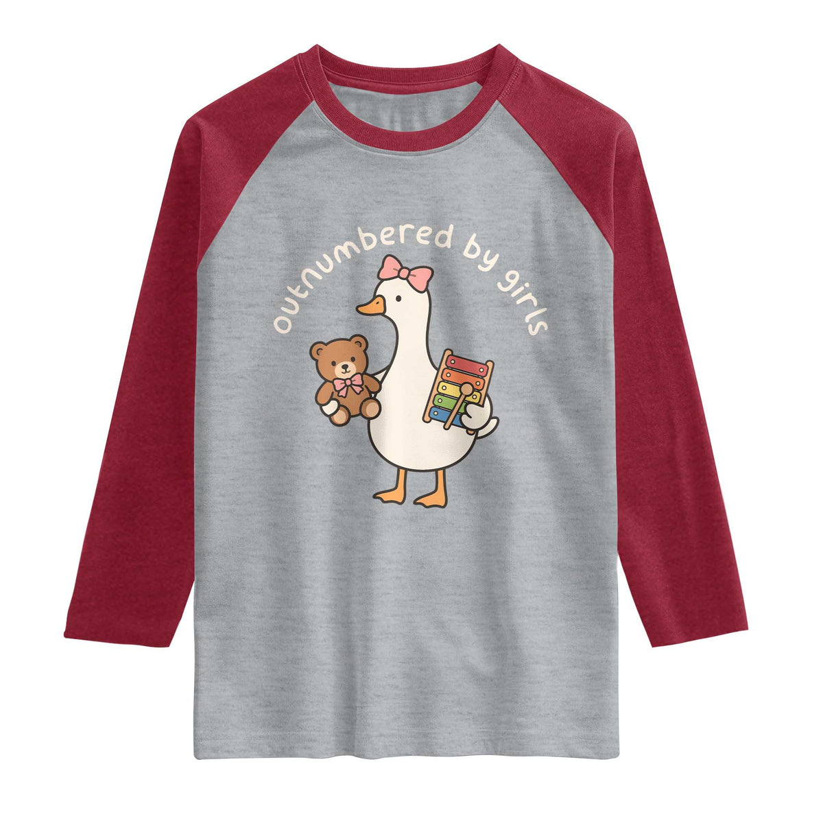 Outnumbered By Girls Raglan Shirt Funny Girl Dad Goose TS11 Heather Gray Heather Red Print Your Wear