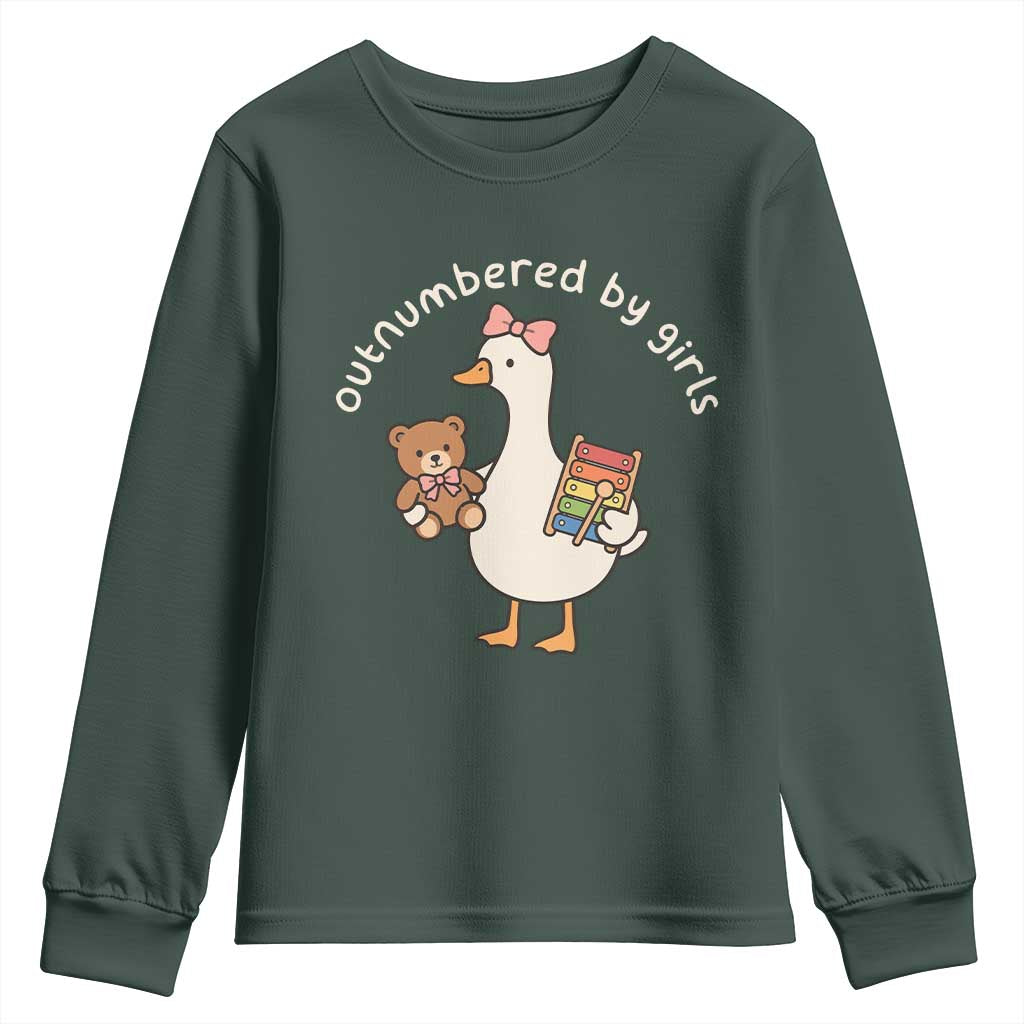 Outnumbered By Girls Youth Sweatshirt Funny Girl Dad Goose TS11 Dark Forest Green Print Your Wear