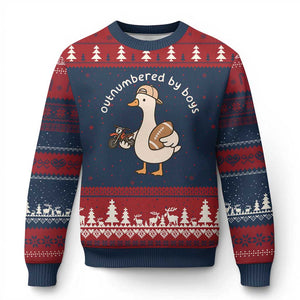 Outnumbered By Boys Funny Mom Goose Ugly Christmas Sweater TS11 Navy Red Print Your Wear