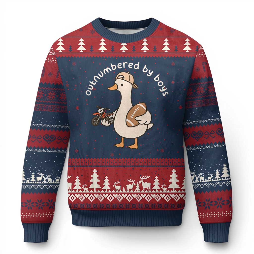 Outnumbered By Boys Funny Mom Goose Ugly Christmas Sweater TS11 Navy Red Print Your Wear