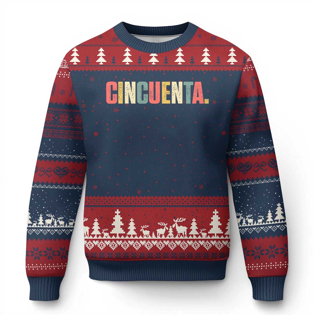 50th Birthday Cincuenta Ugly Christmas Sweater Spanish Mexican 50 Years Old Bday TS11 Navy Red Print Your Wear