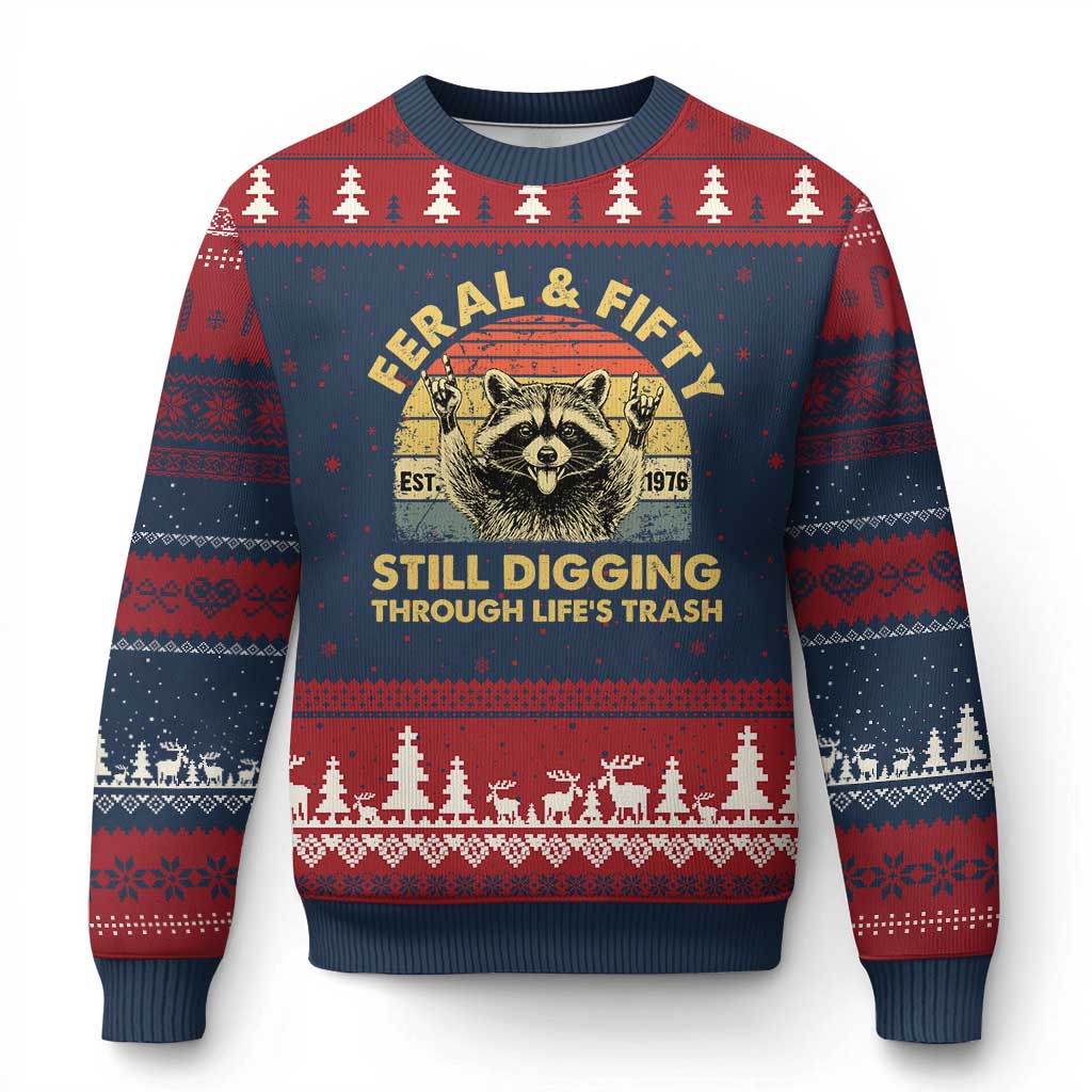 50th Birthday Raccoon Ugly Christmas Sweater Feral And Fifty Still Digging Through Life's Trash Est 1976 TS11 Navy Red Print Your Wear