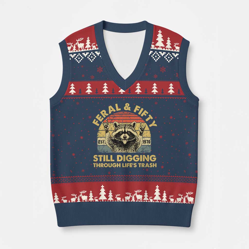 50th Birthday Raccoon V-Neck Knit Sweater Vest Feral And Fifty Still Digging Through Life's Trash Est 1976 TS11 Navy Red Print Your Wear