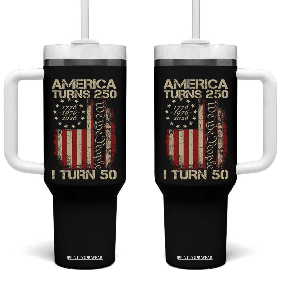 America Turns 250 I Turn 50 Tumbler With Handle 50th Birthday 250th Anniversary USA Vintage 1976 Bday TS11 One Size: 40 oz Black Print Your Wear