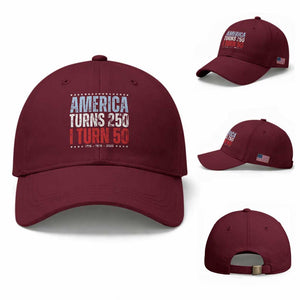 America Turns 250 I Turn 50 Baseball Cap 50th Birthday 250th Anniversary USA Vintage 1976 TS11 Baseball Cap Universal Fit Maroon Print Your Wear