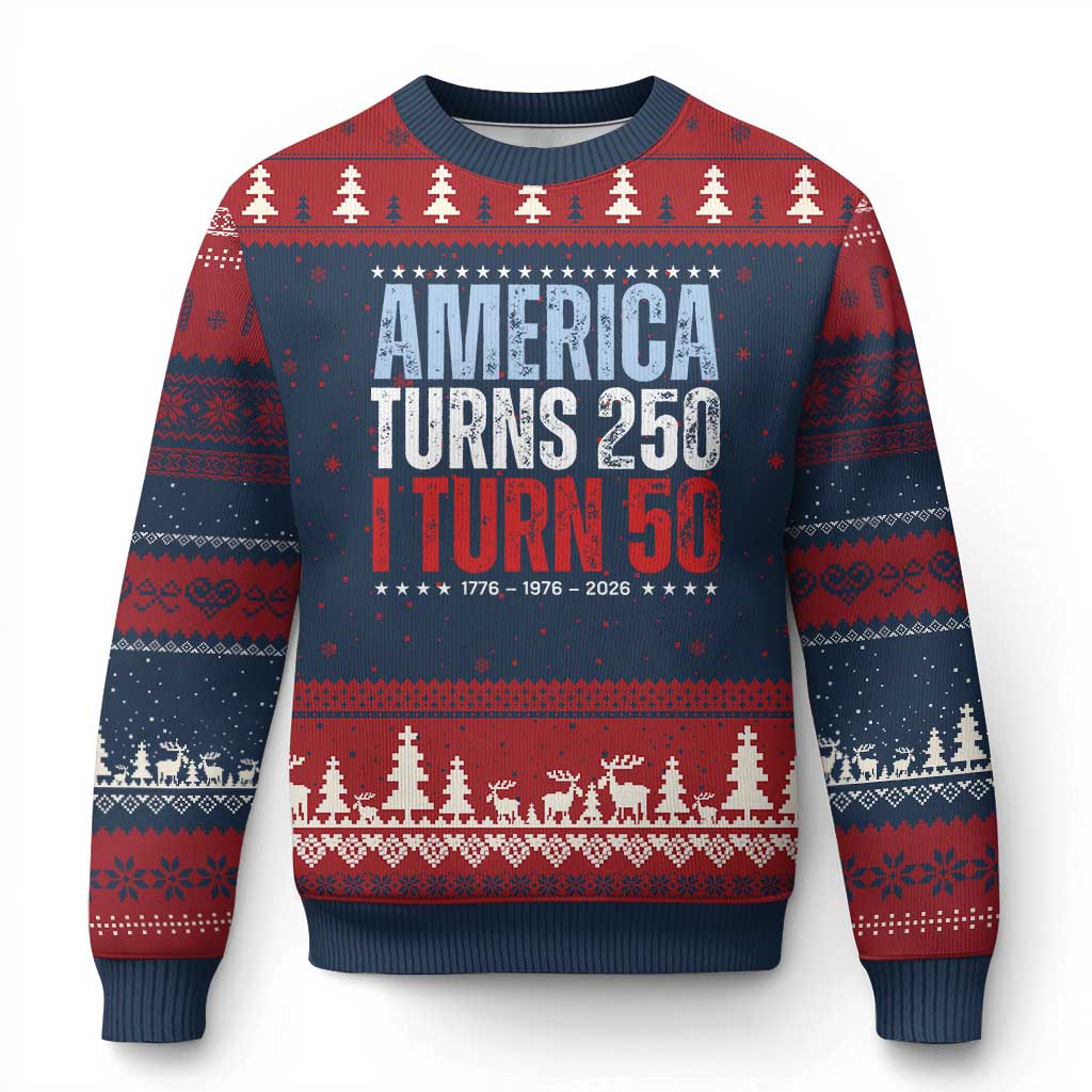 America Turns 250 I Turn 50 Ugly Christmas Sweater 50th Birthday 250th Anniversary USA Vintage 1976 TS11 Navy Red Print Your Wear