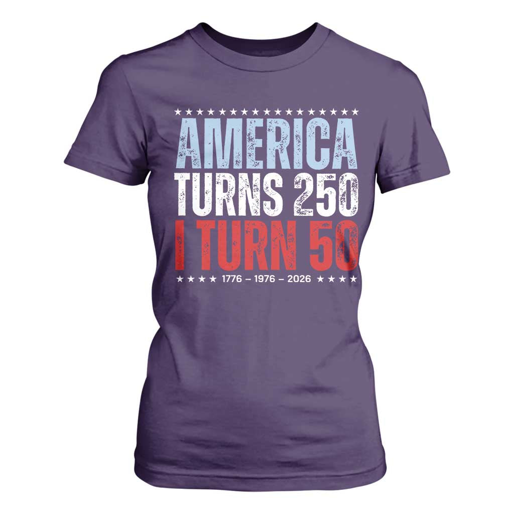 America Turns 250 I Turn 50 T Shirt For Women 50th Birthday 250th Anniversary USA Vintage 1976 TS11 Purple Print Your Wear