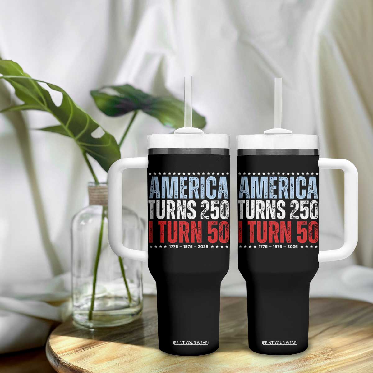 America Turns 250 I Turn 50 Tumbler With Handle 50th Birthday 250th Anniversary USA Vintage 1976 TS11 Print Your Wear