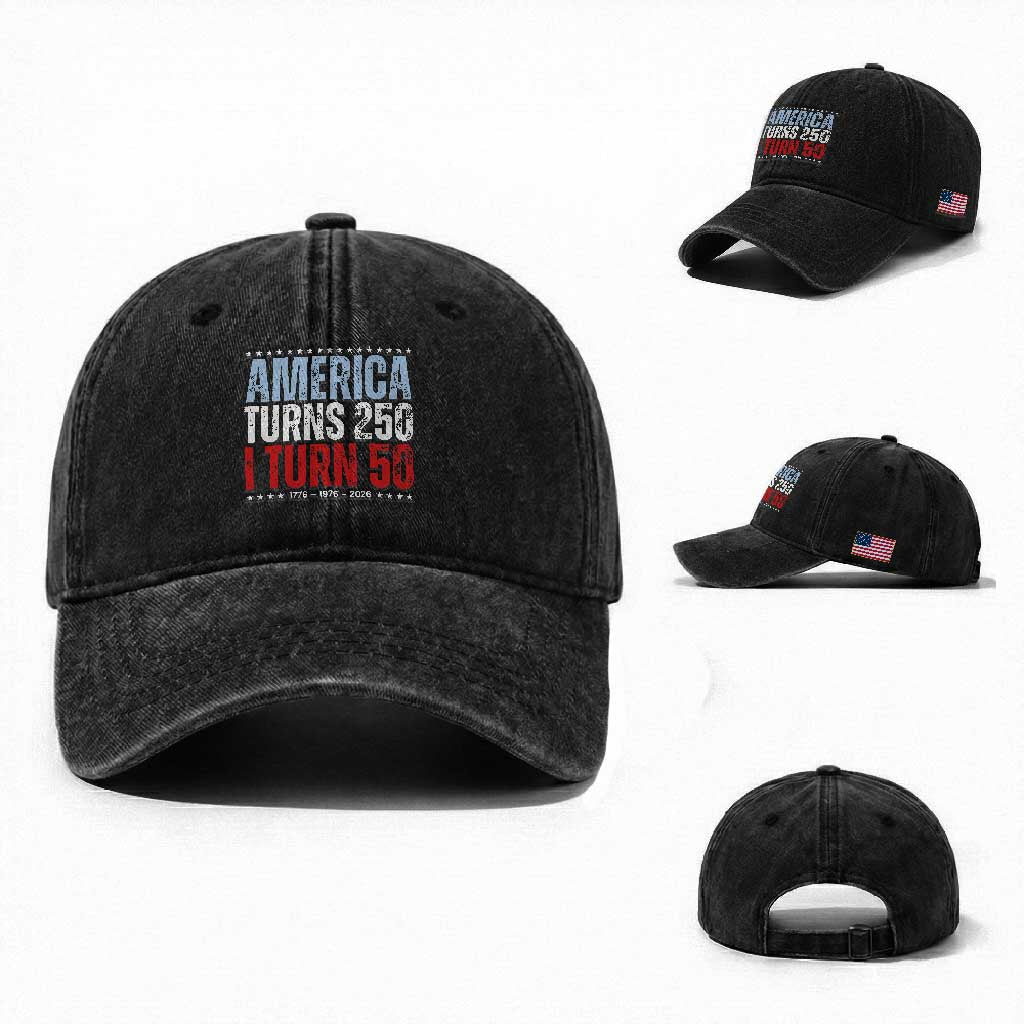 America Turns 250 I Turn 50 Washed Cotton Baseball Cap 50th Birthday 250th Anniversary USA Vintage 1976 TS11 Washed Cap Universal Fit Black Print Your Wear