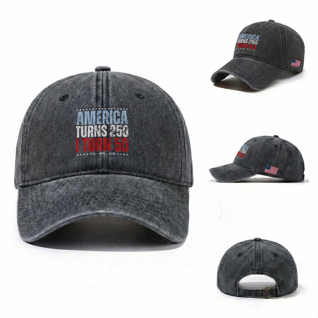 America Turns 250 I Turn 50 Washed Cotton Baseball Cap 50th Birthday 250th Anniversary USA Vintage 1976 TS11 Washed Cap Universal Fit Dark Gray Print Your Wear