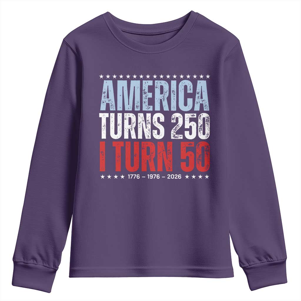 America Turns 250 I Turn 50 Youth Sweatshirt 50th Birthday 250th Anniversary USA Vintage 1976 TS11 Purple Print Your Wear