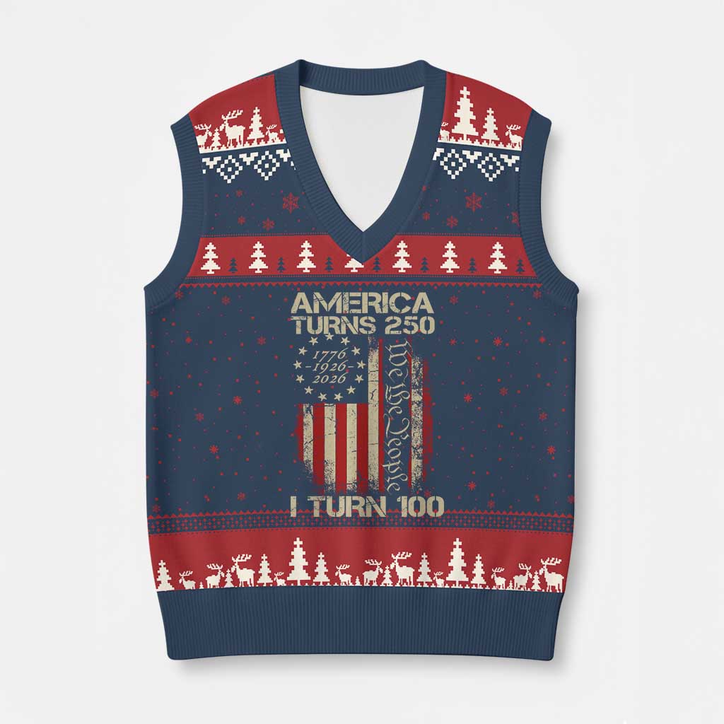 America Turns 250 I Turn 100 V-Neck Knit Sweater Vest 100th Birthday 250th Anniversary USA Vintage 1926 Bday TS11 Navy Red Print Your Wear
